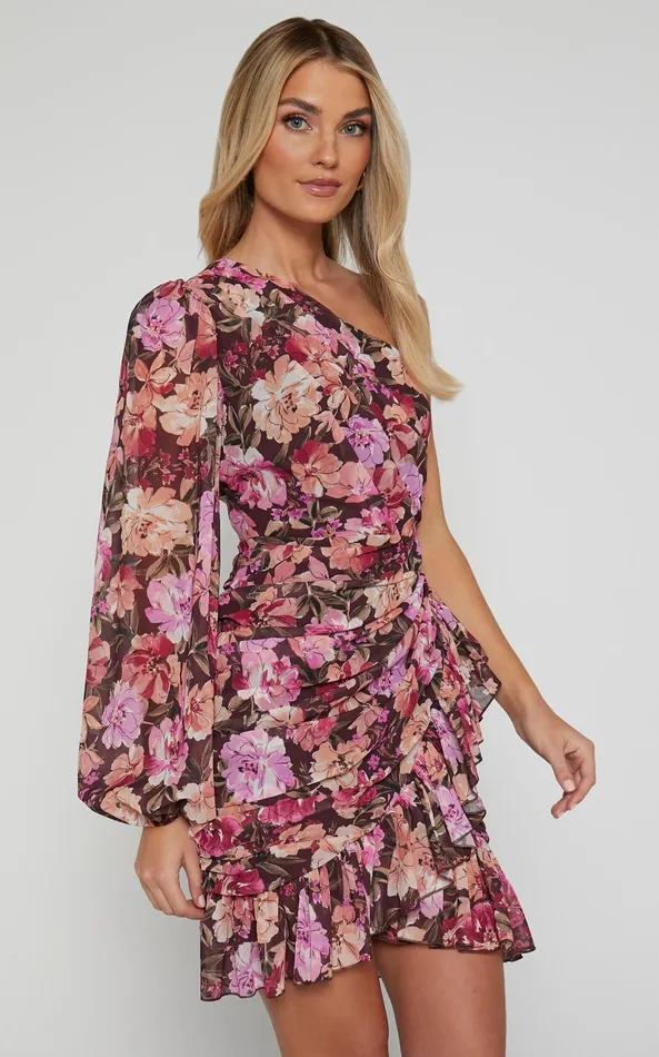 Showpo Alexandrea Mini Dress 8211 One Shoulder Long Sleeve Ruched Frill Skirt Dress In Wine Floral Women Dresses