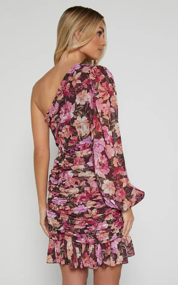 Showpo Alexandrea Mini Dress 8211 One Shoulder Long Sleeve Ruched Frill Skirt Dress In Wine Floral Women Dresses