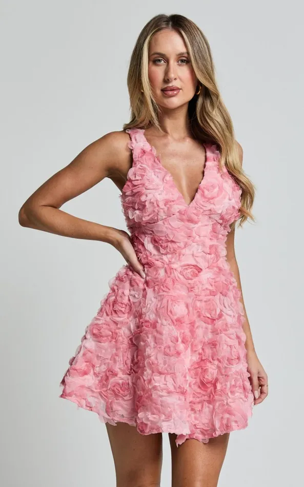 Showpo Alexandria Mini Dress 8211 V Neck Gathered Bust A Line Dress In Pink Women Dresses