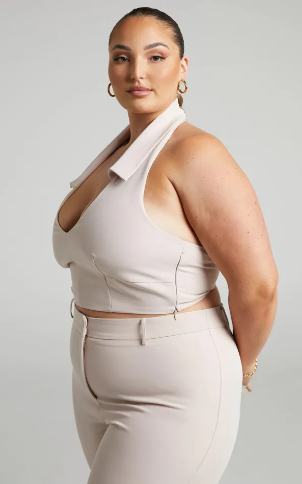 Showpo Alexandria Top 8211 Collared Halter Crop Top In Stone Women Curve Clothes