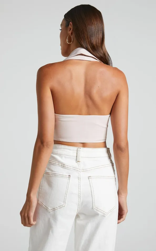 Showpo Alexandria Top 8211 Collared Halter Crop Top In Stone Women Curve Clothes