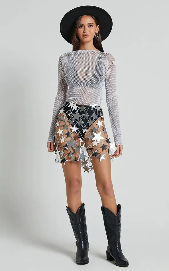 Showpo Alexi Mini Skirt 8211 Star Detail Diamante Net Skirt In Silver Women Skirts