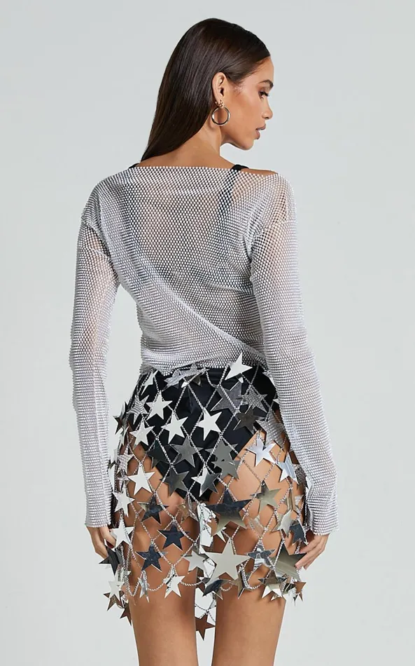 Showpo Alexi Mini Skirt 8211 Star Detail Diamante Net Skirt In Silver Women Skirts