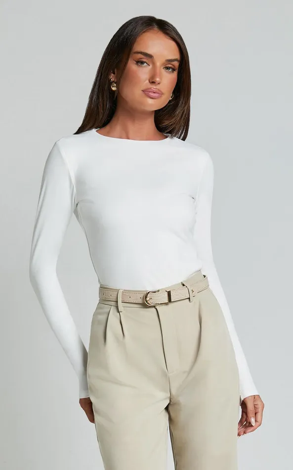 Showpo Alexie Top 8211 Jersey Long Sleeve Scoop Neck Top In White Women Tops