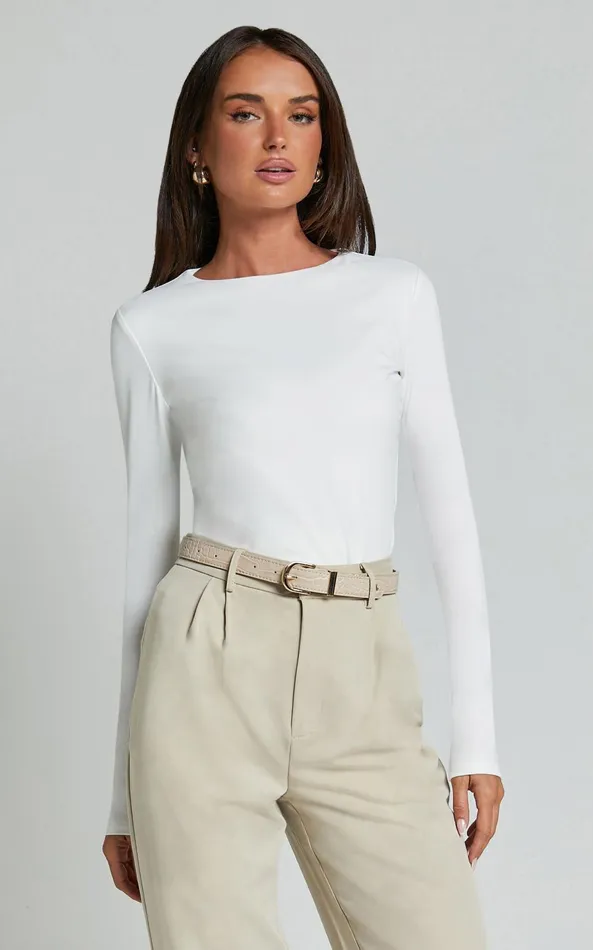 Showpo Alexie Top 8211 Jersey Long Sleeve Scoop Neck Top In White Women Tops