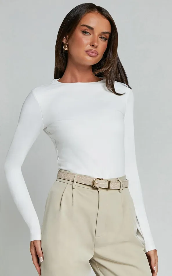 Showpo Alexie Top 8211 Jersey Long Sleeve Scoop Neck Top In White Women Tops