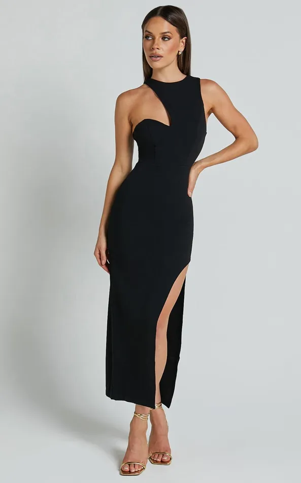Showpo Alexis Midi Dress 8211 Cut Out Detail High Split Dress In Black Women Dresses
