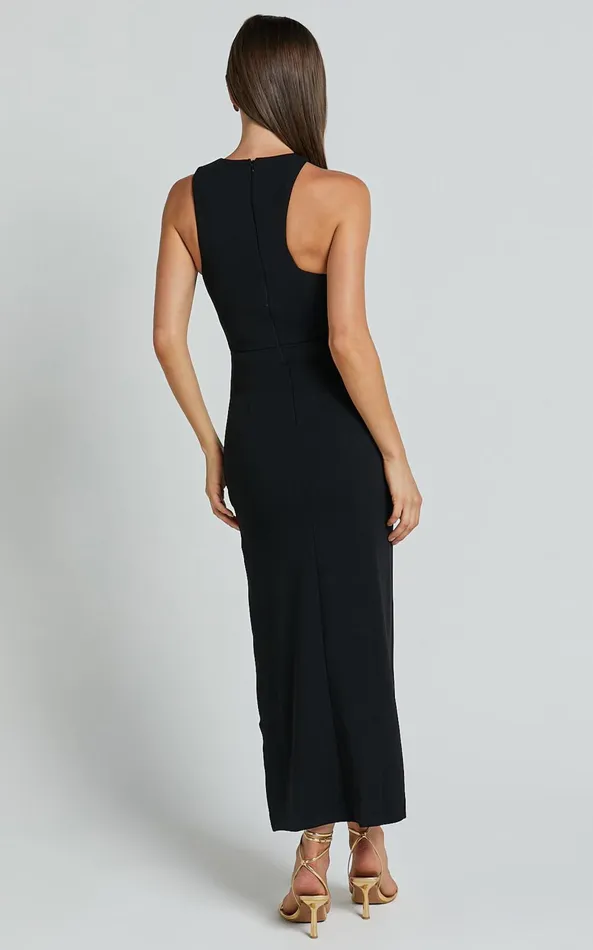 Showpo Alexis Midi Dress 8211 Cut Out Detail High Split Dress In Black Women Dresses