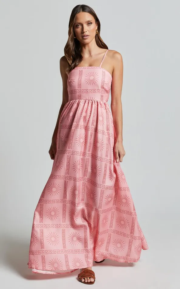 Showpo Alexis Midi Dress 8211 Strappy Straight Neck A Line Dress In Pink Print Women Dresses