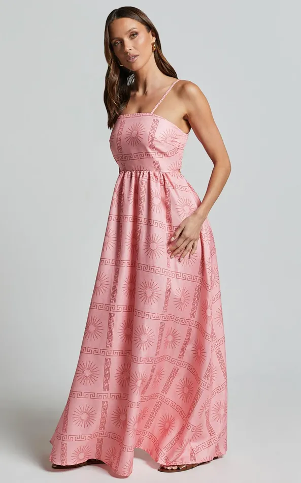 Showpo Alexis Midi Dress 8211 Strappy Straight Neck A Line Dress In Pink Print Women Dresses