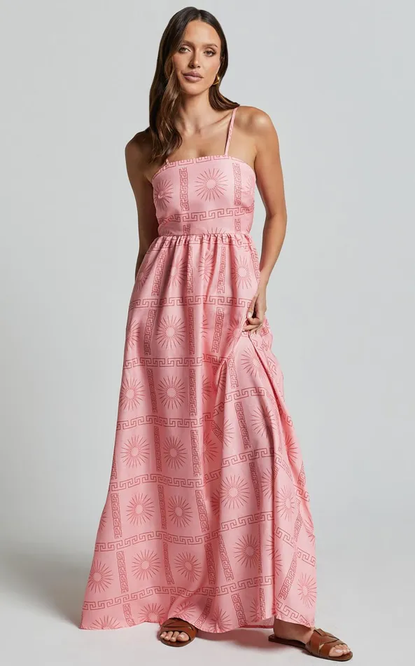 Showpo Alexis Midi Dress 8211 Strappy Straight Neck A Line Dress In Pink Print Women Dresses