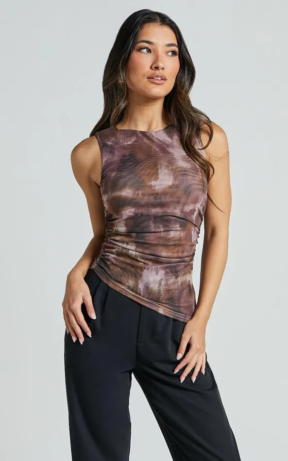 Showpo Alexis Top 8211 Boat Neck Ruched Asymmetric Mesh Top In Rustic Haze Print Women Tops