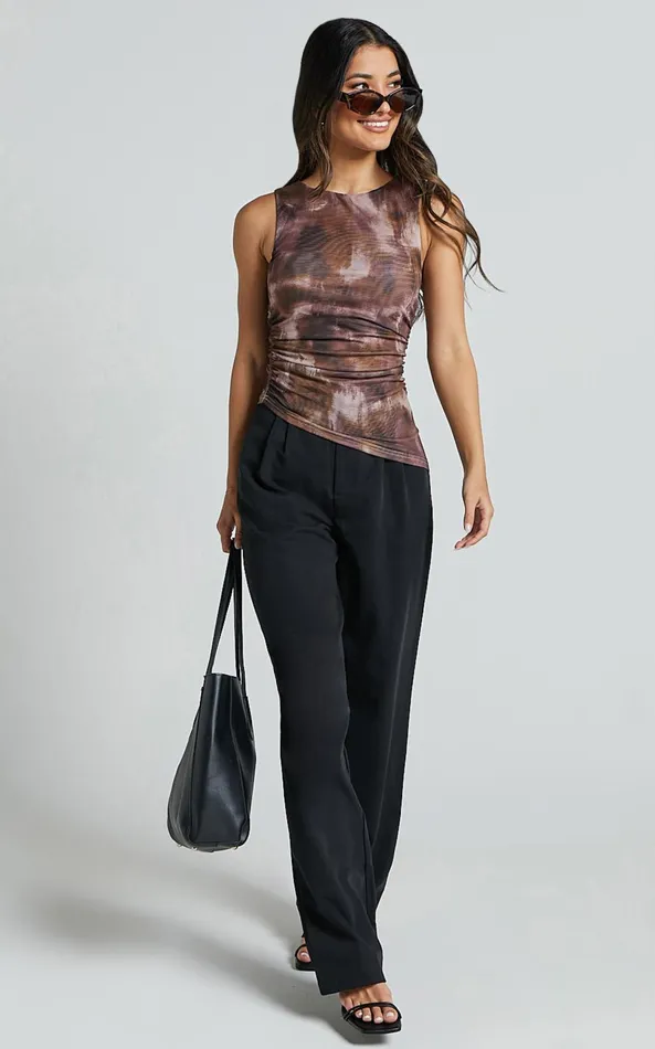 Showpo Alexis Top 8211 Boat Neck Ruched Asymmetric Mesh Top In Rustic Haze Print Women Tops