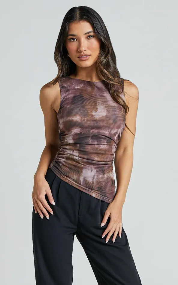 Showpo Alexis Top 8211 Boat Neck Ruched Asymmetric Mesh Top In Rustic Haze Print Women Tops