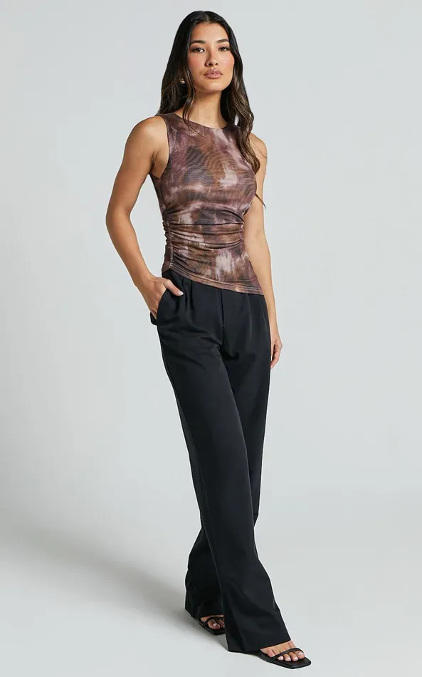 Showpo Alexis Top 8211 Boat Neck Ruched Asymmetric Mesh Top In Rustic Haze Print Women Tops
