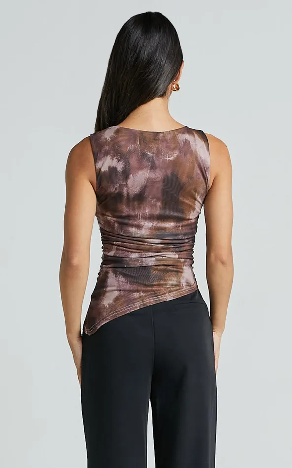 Showpo Alexis Top 8211 Boat Neck Ruched Asymmetric Mesh Top In Rustic Haze Print Women Tops