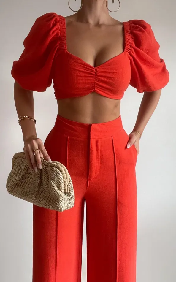 Showpo Aleydise Two Piece Set 8211 Puff Sleeve Gathered Crop Top And Pants Set In Burnt Orange Women Curve Clothes Showpo Aleydise Two Piece Set 8211 Puff Sleeve Gathered Crop Top And Pants Set In Burnt Orange Women Curve Clothes