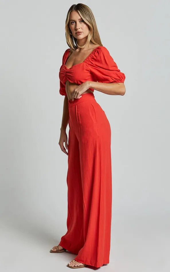 Showpo Aleydise Two Piece Set 8211 Puff Sleeve Gathered Crop Top And Pants Set In Burnt Orange Women Curve Clothes