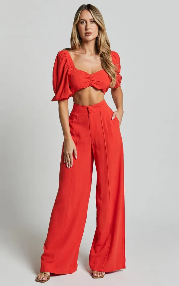Showpo Aleydise Two Piece Set 8211 Puff Sleeve Gathered Crop Top And Pants Set In Burnt Orange Women Curve Clothes