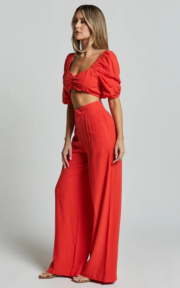 Showpo Aleydise Two Piece Set 8211 Puff Sleeve Gathered Crop Top And Pants Set In Burnt Orange Women Curve Clothes