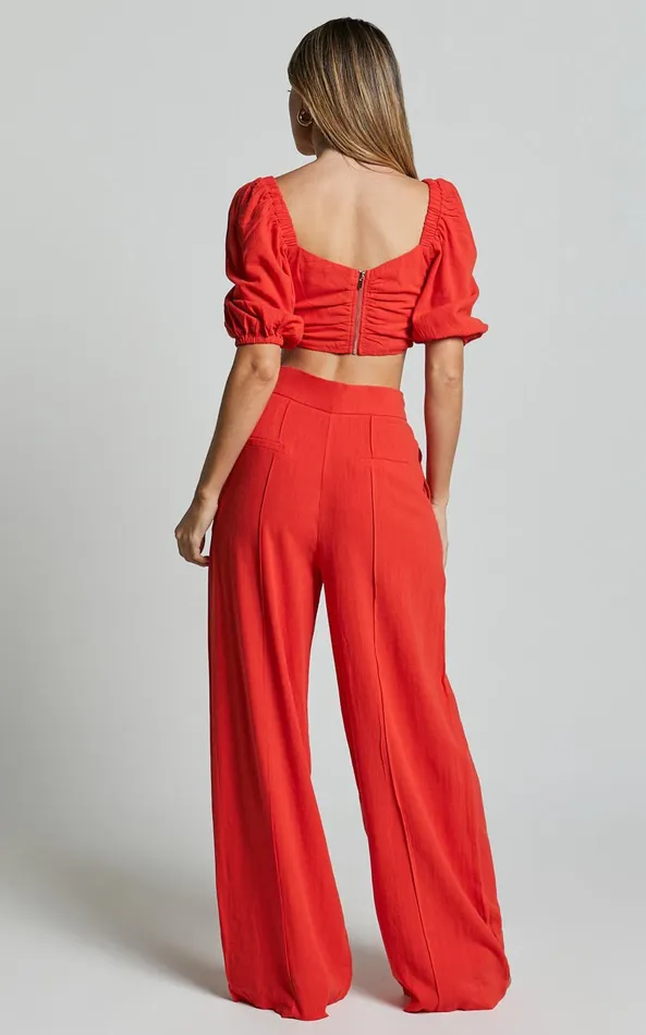 Showpo Aleydise Two Piece Set 8211 Puff Sleeve Gathered Crop Top And Pants Set In Burnt Orange Women Curve Clothes