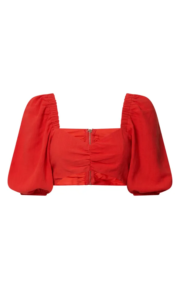 Showpo Aleydise Two Piece Set 8211 Puff Sleeve Gathered Crop Top And Pants Set In Burnt Orange Women Curve Clothes