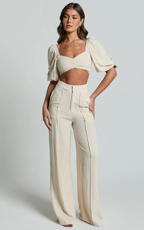 Showpo Aleydise Two Piece Set 8211 Puff Sleeve Gathered Crop Top And Pants Set In Natural Women Two Piece Sets and Coords Showpo Aleydise Two Piece Set 8211 Puff Sleeve Gathered Crop Top And Pants Set In Natural Women Two Piece Sets and Coords