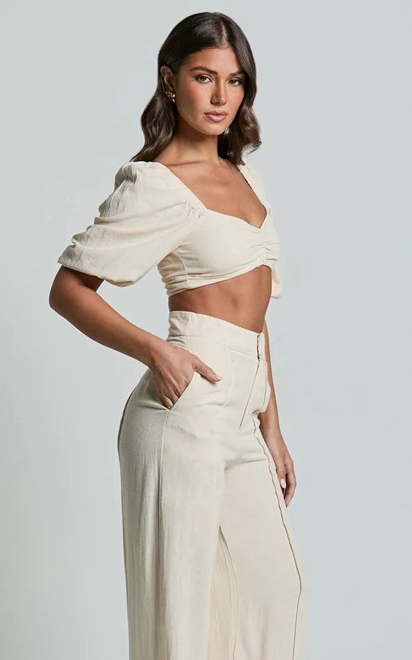 Showpo Aleydise Two Piece Set 8211 Puff Sleeve Gathered Crop Top And Pants Set In Natural Women Two Piece Sets and Coords