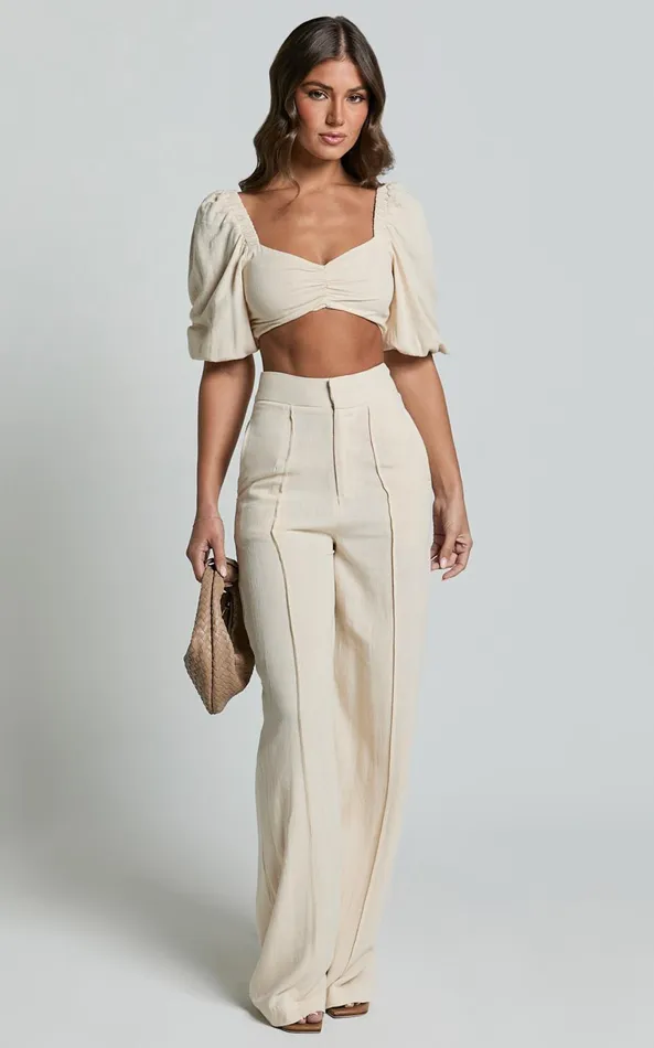 Showpo Aleydise Two Piece Set 8211 Puff Sleeve Gathered Crop Top And Pants Set In Natural Women Two Piece Sets and Coords