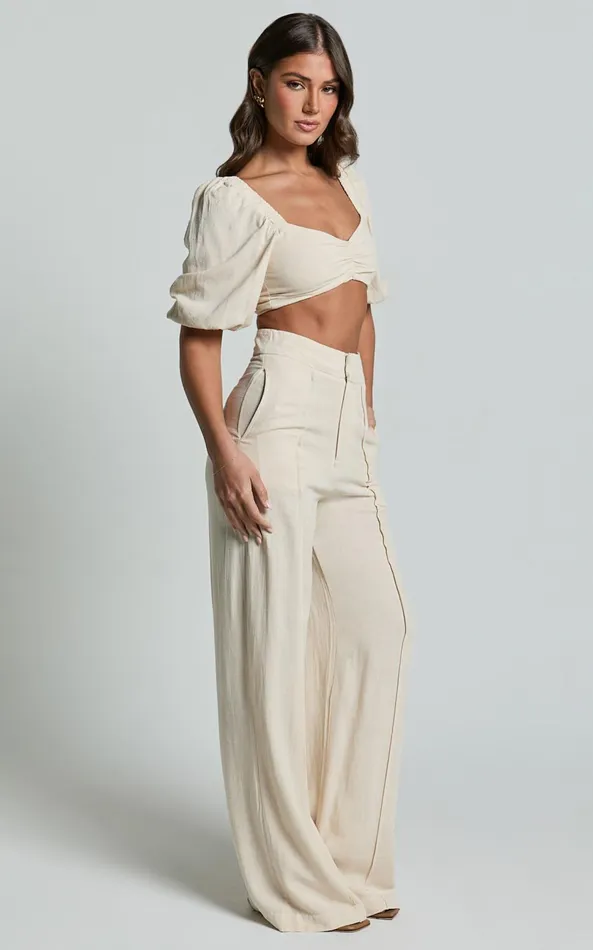 Showpo Aleydise Two Piece Set 8211 Puff Sleeve Gathered Crop Top And Pants Set In Natural Women Two Piece Sets and Coords