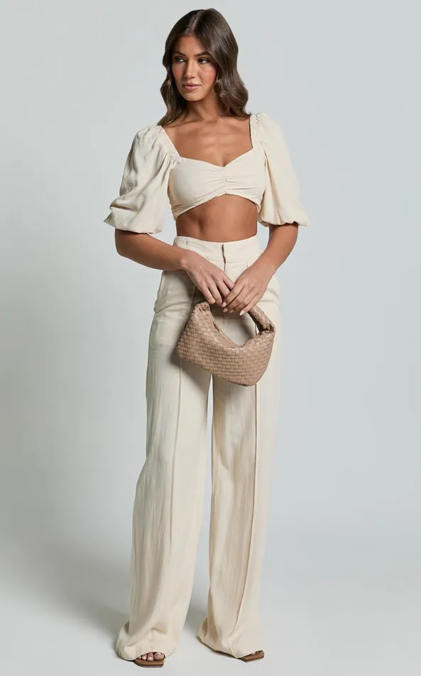 Showpo Aleydise Two Piece Set 8211 Puff Sleeve Gathered Crop Top And Pants Set In Natural Women Two Piece Sets and Coords
