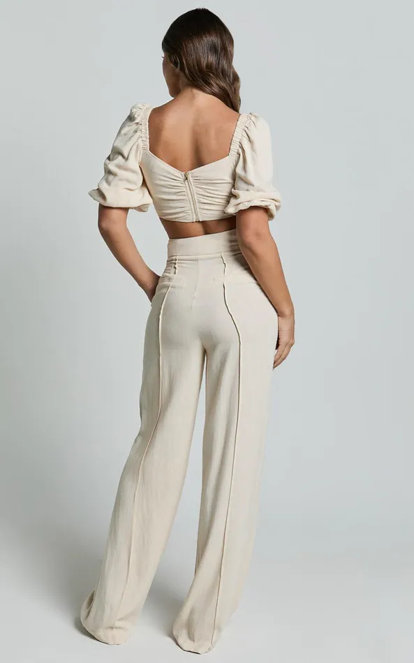 Showpo Aleydise Two Piece Set 8211 Puff Sleeve Gathered Crop Top And Pants Set In Natural Women Two Piece Sets and Coords