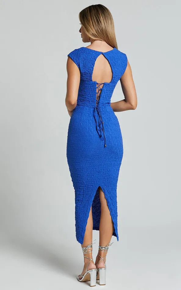 Showpo Alfie Midi Dress 8211 High Neck Sleeveless Cut Out Front Dress In Cobalt Blue Women Dresses