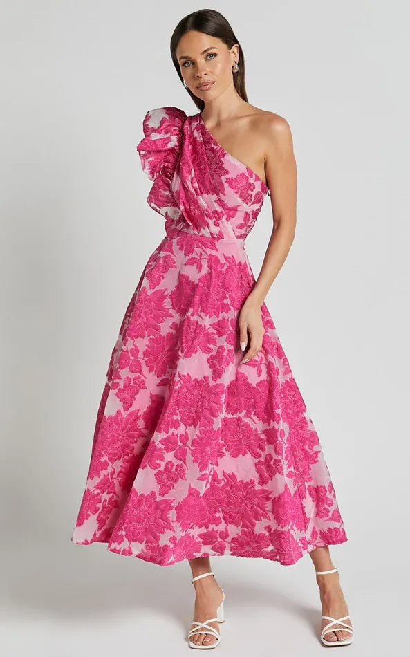 Showpo Alfreda Midi Dress 8211 One Shoulder Ruffle Detail Brailey Jacquard Dress In Pink Women Dresses Showpo Alfreda Midi Dress 8211 One Shoulder Ruffle Detail Brailey Jacquard Dress In Pink Women Dresses
