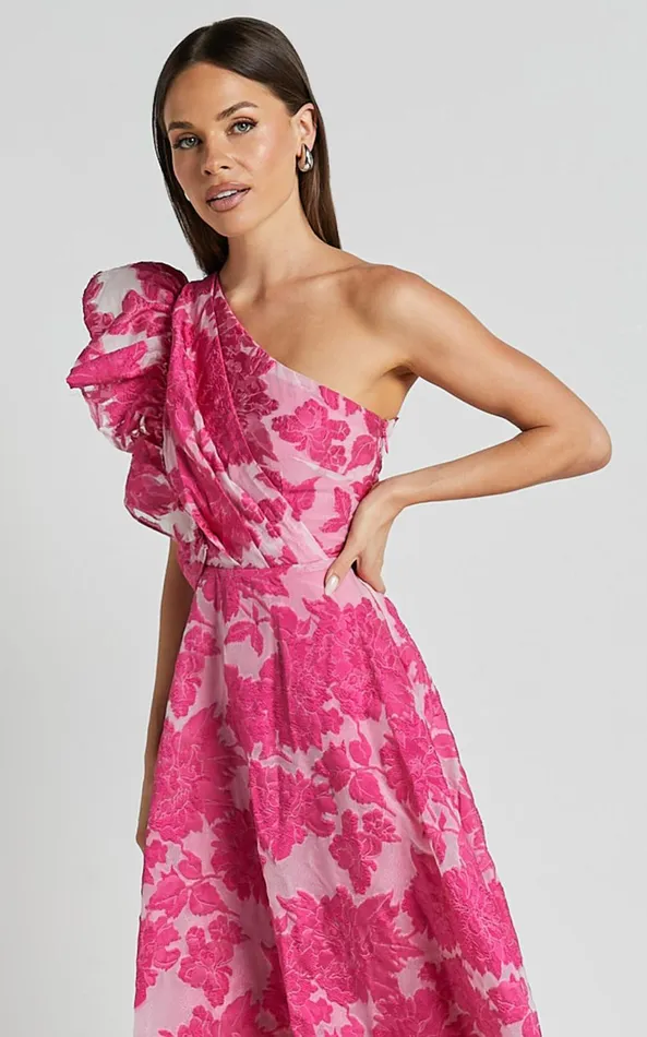 Showpo Alfreda Midi Dress 8211 One Shoulder Ruffle Detail Brailey Jacquard Dress In Pink Women Dresses