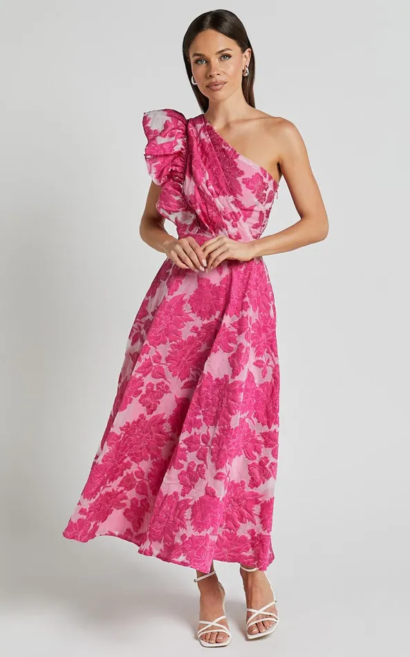 Showpo Alfreda Midi Dress 8211 One Shoulder Ruffle Detail Brailey Jacquard Dress In Pink Women Dresses