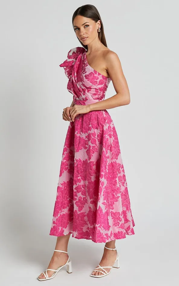 Showpo Alfreda Midi Dress 8211 One Shoulder Ruffle Detail Brailey Jacquard Dress In Pink Women Dresses