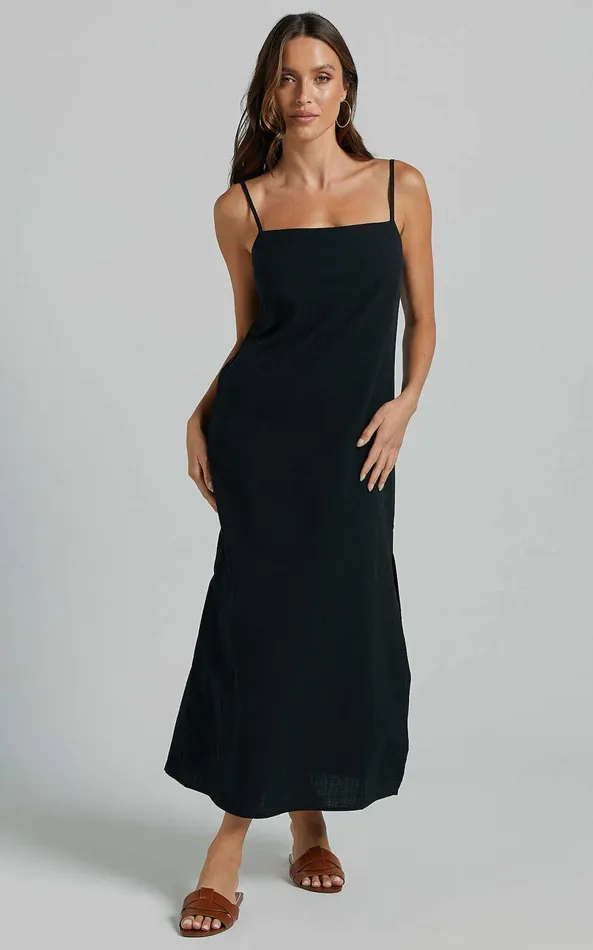 Showpo Alianna Midi Dress 8211 Straight Neck Strappy Back Split A Line In Black Women Basics Showpo Alianna Midi Dress 8211 Straight Neck Strappy Back Split A Line In Black Women Basics