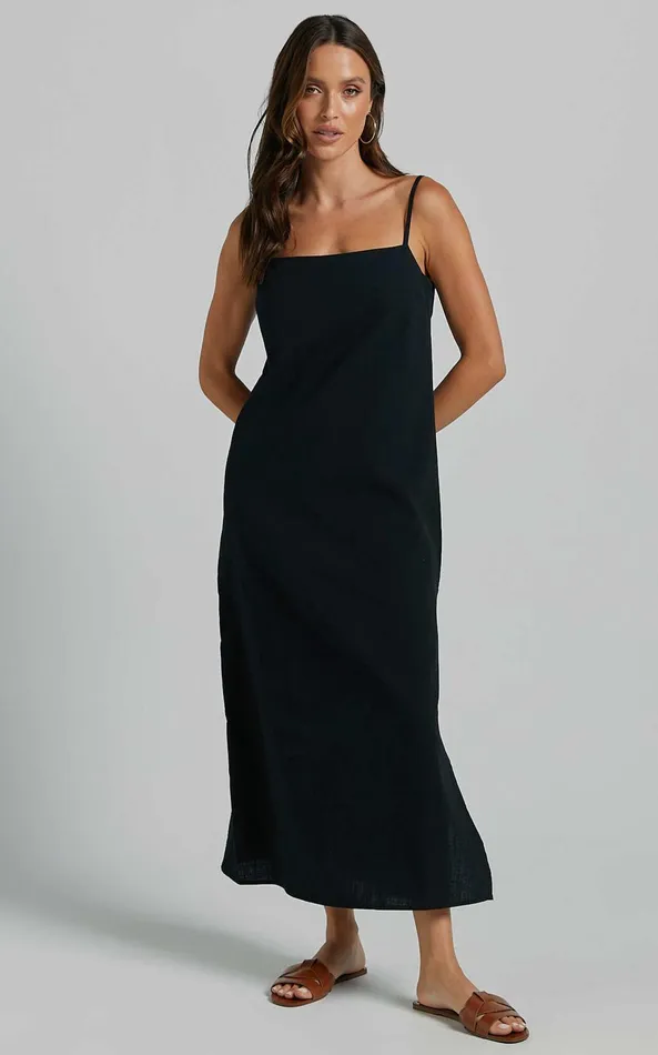 Showpo Alianna Midi Dress 8211 Straight Neck Strappy Back Split A Line In Black Women Basics