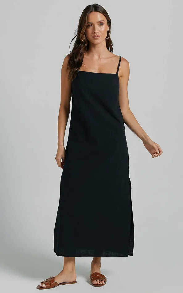 Showpo Alianna Midi Dress 8211 Straight Neck Strappy Back Split A Line In Black Women Basics