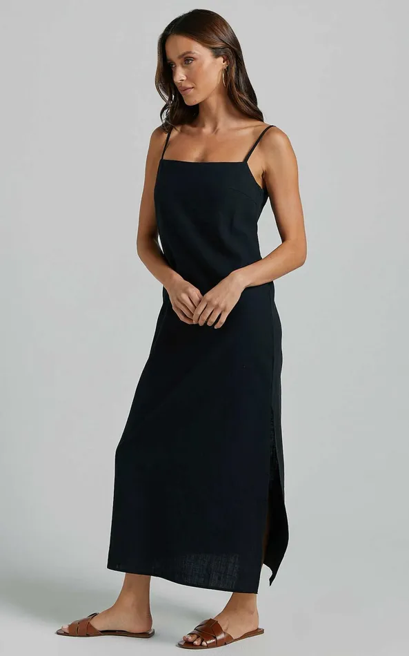 Showpo Alianna Midi Dress 8211 Straight Neck Strappy Back Split A Line In Black Women Basics