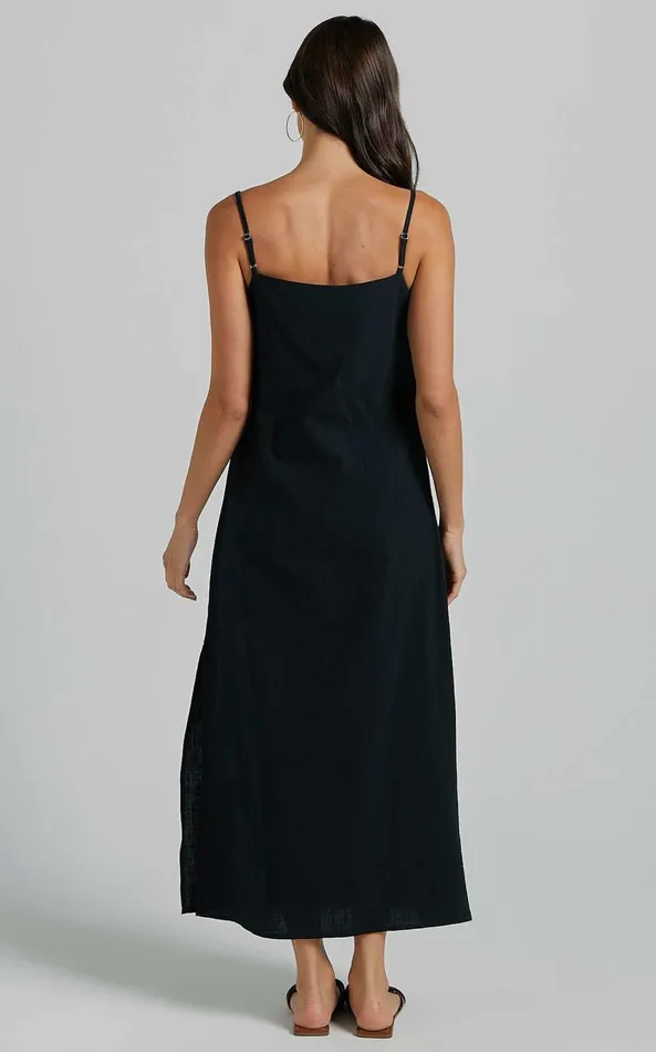 Showpo Alianna Midi Dress 8211 Straight Neck Strappy Back Split A Line In Black Women Basics