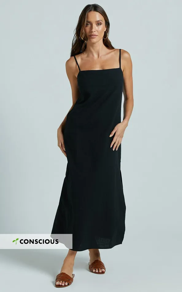 Showpo Alianna Midi Dress 8211 Straight Neck Strappy Back Split A Line In Black Women Basics