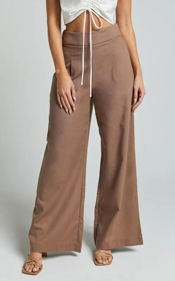 Showpo Alina Pants 8211 Linen Look High Waisted Wide Leg Relaxed Pants In Mocha Women Pants