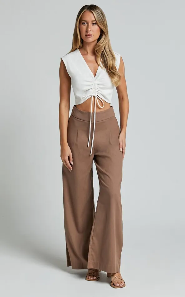 Showpo Alina Pants 8211 Linen Look High Waisted Wide Leg Relaxed Pants In Mocha Women Pants