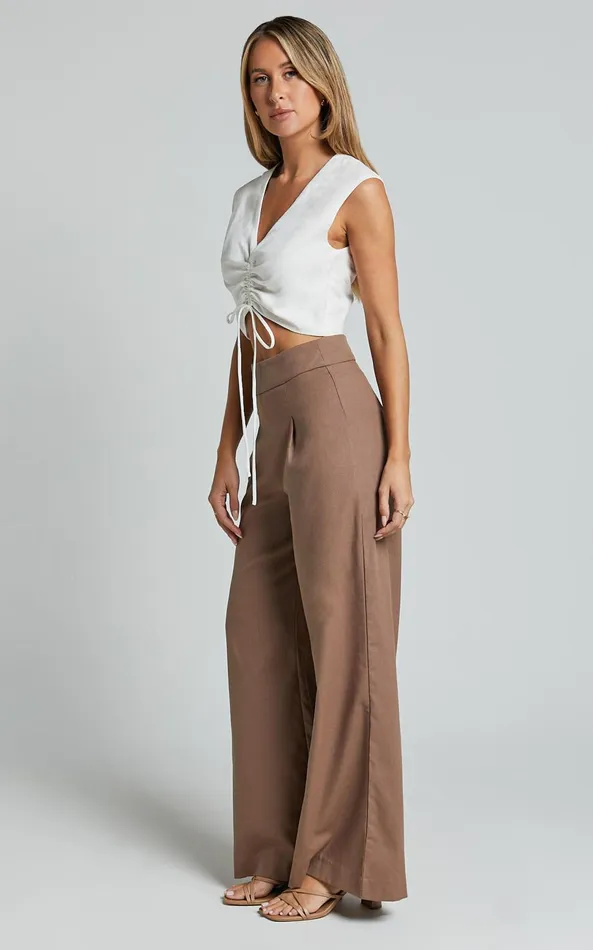 Showpo Alina Pants 8211 Linen Look High Waisted Wide Leg Relaxed Pants In Mocha Women Pants
