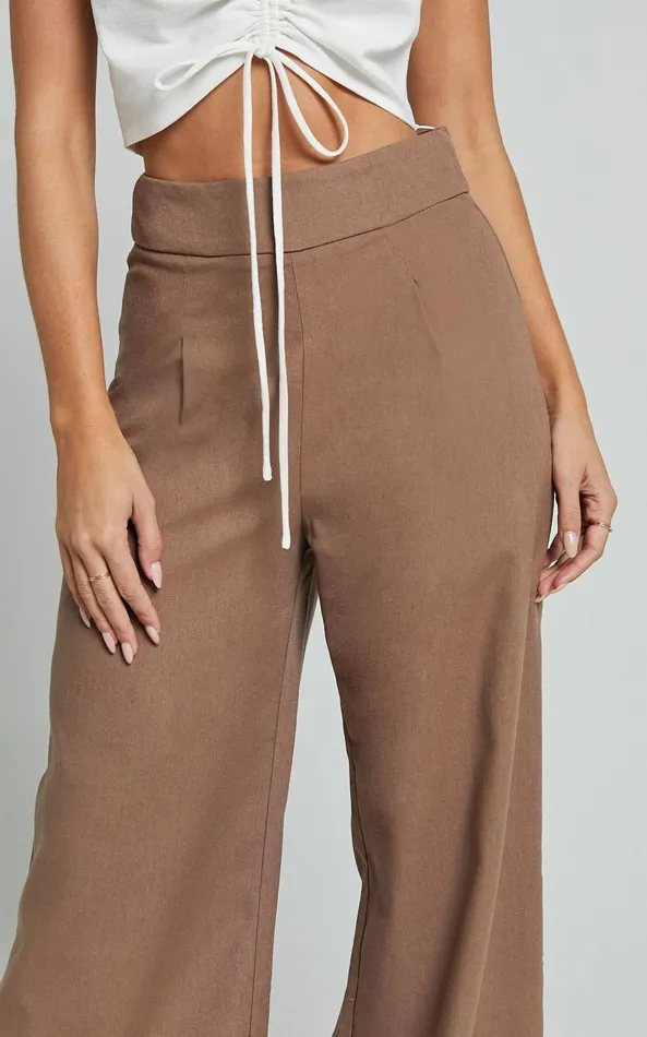 Showpo Alina Pants 8211 Linen Look High Waisted Wide Leg Relaxed Pants In Mocha Women Pants