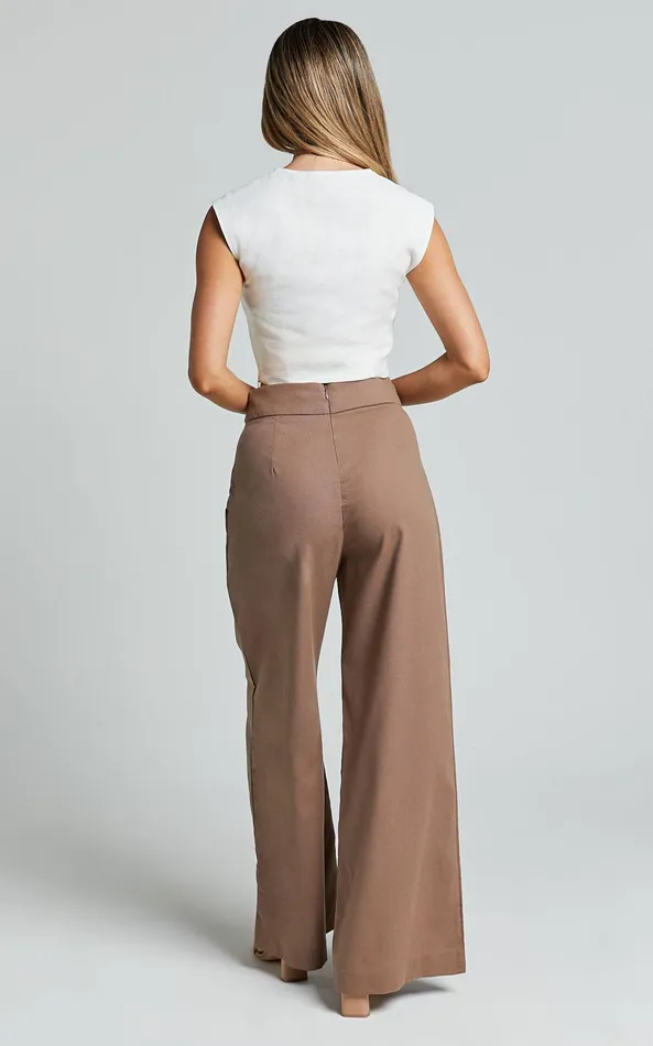 Showpo Alina Pants 8211 Linen Look High Waisted Wide Leg Relaxed Pants In Mocha Women Pants
