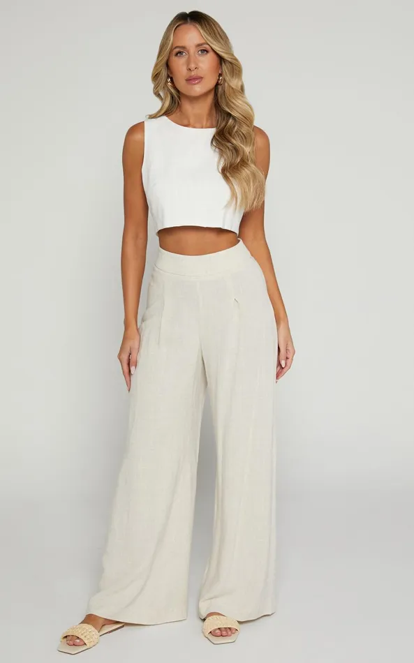 Showpo Alina Pants 8211 Linen Look High Waisted Wide Leg Relaxed Pants In Natural Women Maternity Clothes