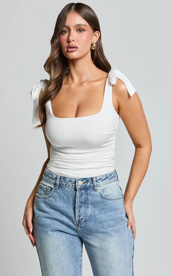 Showpo Alina Top 8211 Tie Shoulder Square Neck Ruched Top In White Women Tops Showpo Alina Top 8211 Tie Shoulder Square Neck Ruched Top In White Women Tops
